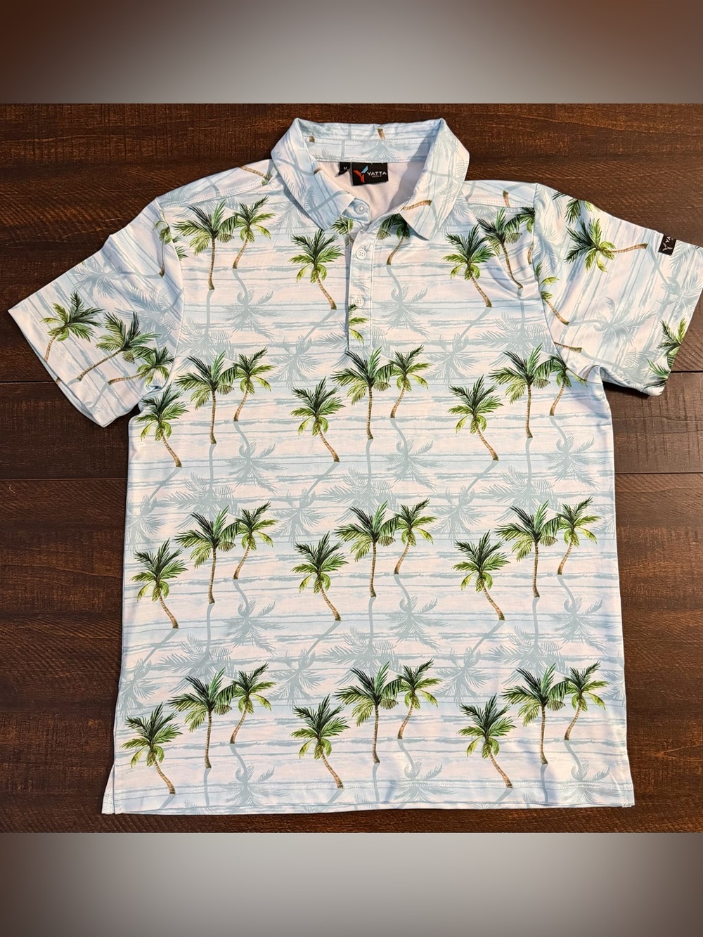 YATTA GOLF Palm Tree Performance Polo Shirt Men's Medium Light Blue Tropical